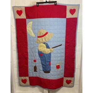 Handmade Pieced Appliqued Lightweight Quilt Boy Fishing Hearts 43" x 56" Cottage